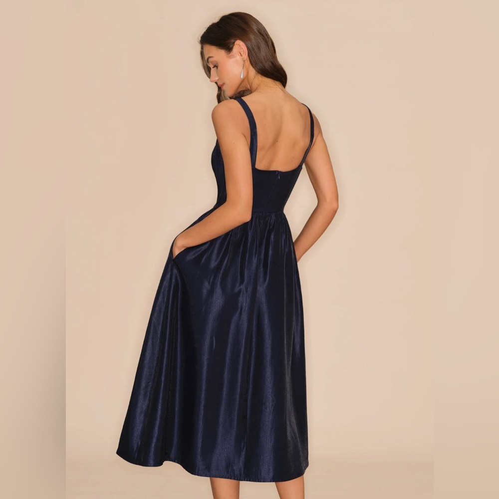 New Wayf Navy Satin Midi Dress with Square Back M
